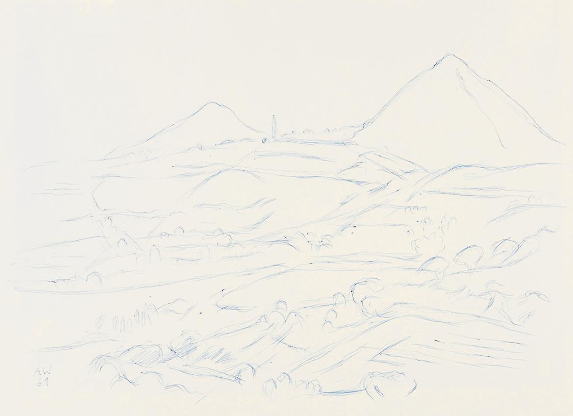 Alfred Wickenburg, Landschaftsdarstellung, 1961, Blauer Kugelschreiber auf Papier, Blattmaße: 2 ...