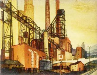 Otto Rudolf Schatz, Gaswerk, um 1929, Kaseintempera, Japanlack auf Holz, 18,5 × 23,5 cm