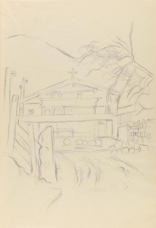 Alfred Wickenburg, Umzäuntes Gebäude vor einem Berg, 1941, Bleistift auf Papier, Blattmaße: 29, ...