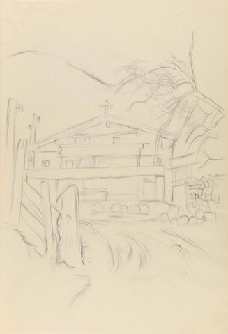 Alfred Wickenburg, Umzäuntes Gebäude vor einem Berg, 1941, Bleistift auf Papier, Blattmaße: 29, ...