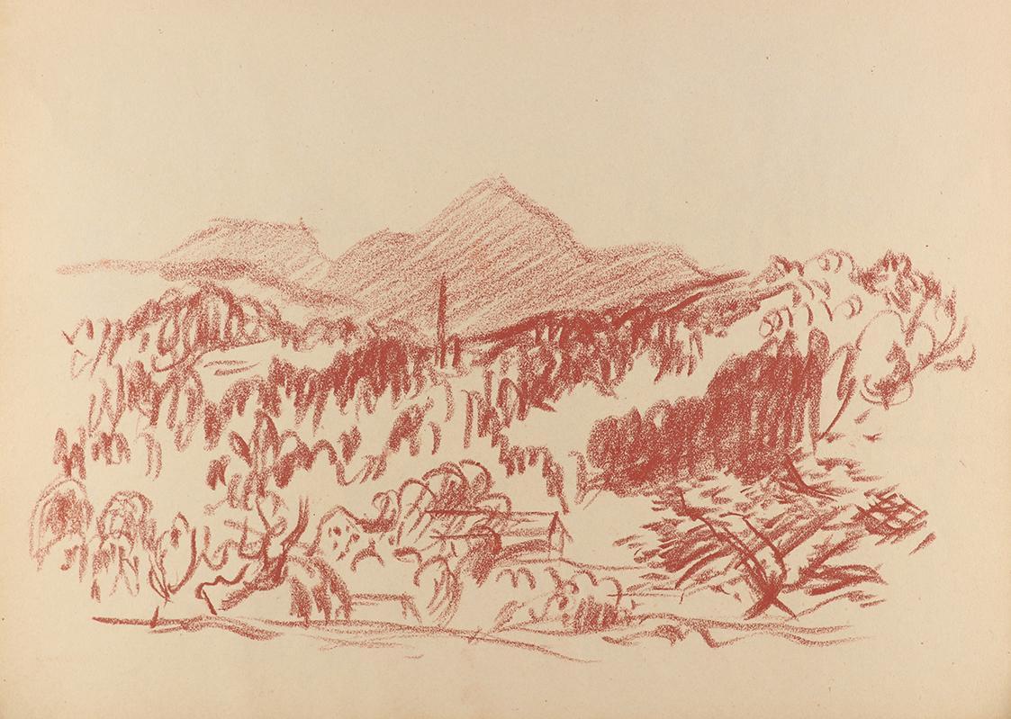 Alfred Wickenburg, Hügel- und Berglandschaft, 1943, Rötel auf Papier, Blattmaße: 23 × 31,8 cm,  ...