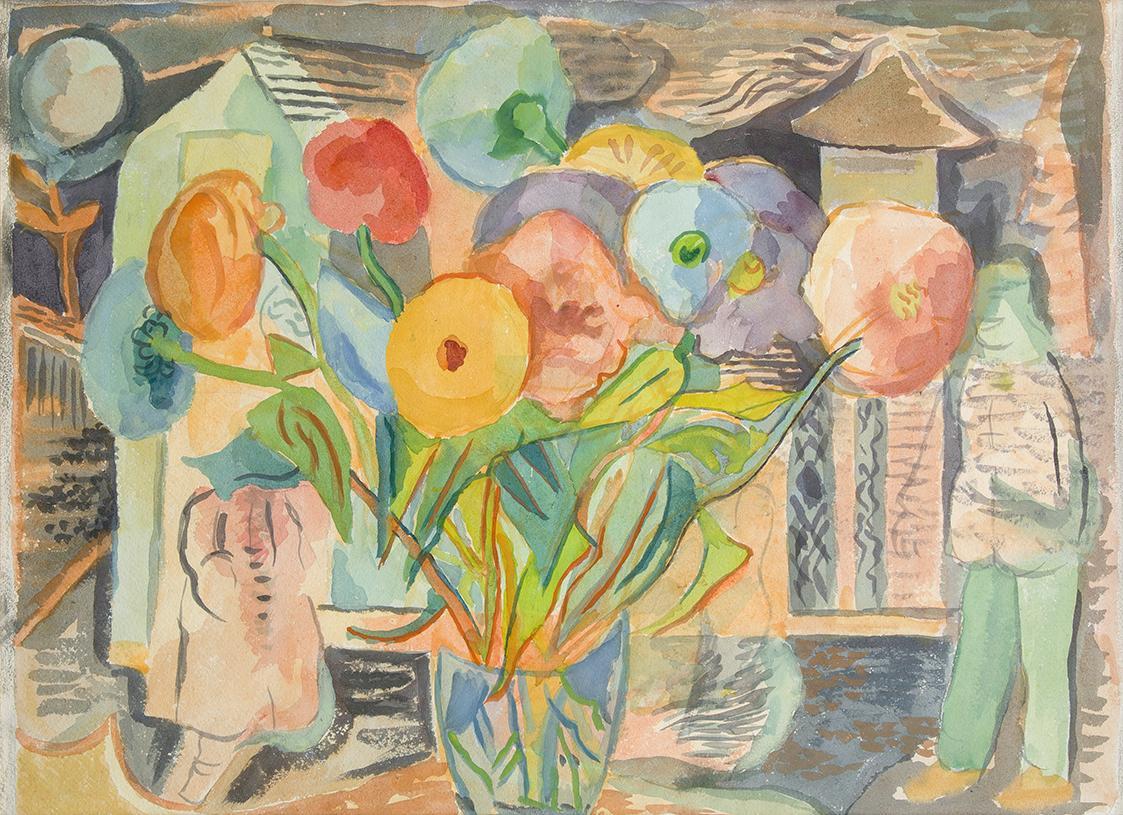 Alfred Wickenburg, Blumenstillleben vor einem Bild mit Figuren, 1943/1948, Aquarell auf Papier, ...