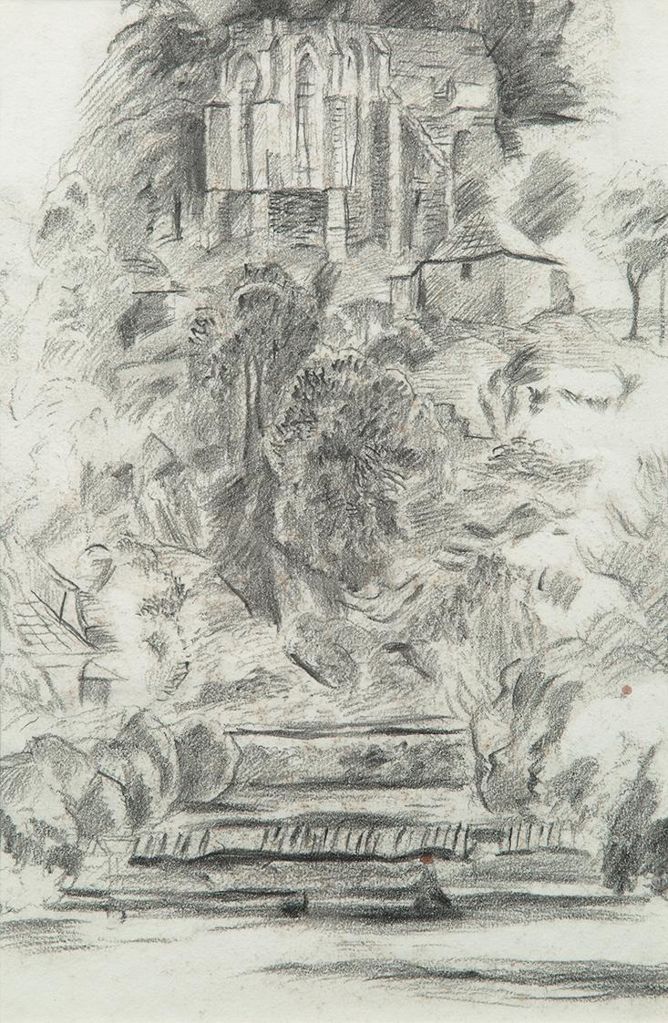 Alfred Wickenburg, Kirche auf eianer Anhöhe, um 1935, Bleistift auf Papier, Privatbesitz