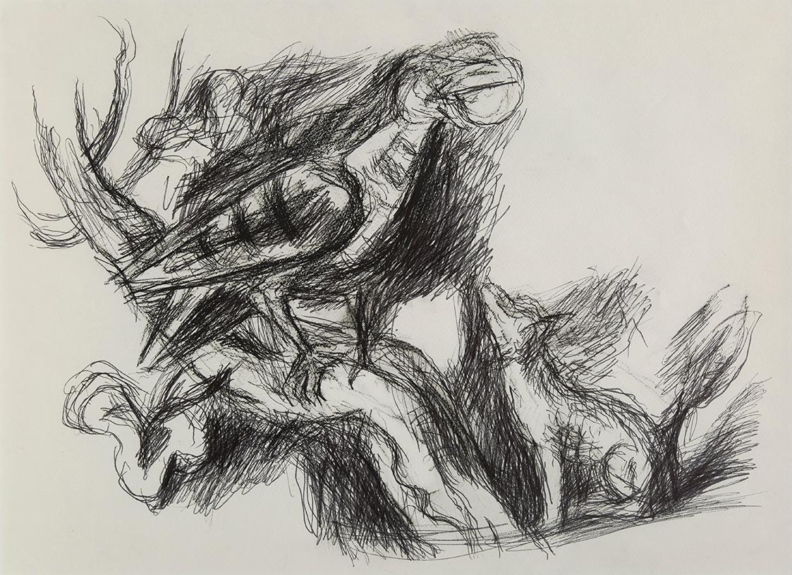 Alfred Wickenburg, Hund und Vogel, um 1970, Schwarzer Filzstift auf Papier, Privatbesitz