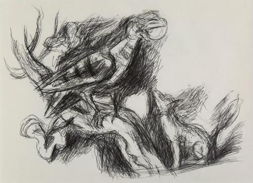 Alfred Wickenburg, Hund und Vogel, um 1970, Schwarzer Filzstift auf Papier, Privatbesitz