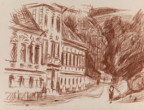 Alfred Wickenburg, Straße, um 1935, Rötel auf Papier, Privatbesitz