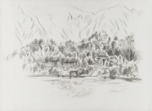 Alfred Wickenburg, Häuser vor einer Bergwand, um 1950, Schwarze Kreide auf Papier, Privatbesitz