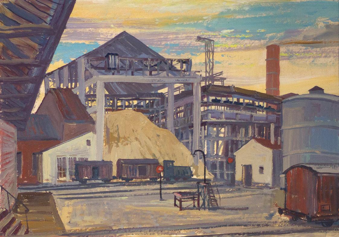 Otto Rudolf Schatz, Industrie mit Gleisanlage, 1961, Öltempera auf Papier, kaschiert auf Karton ...