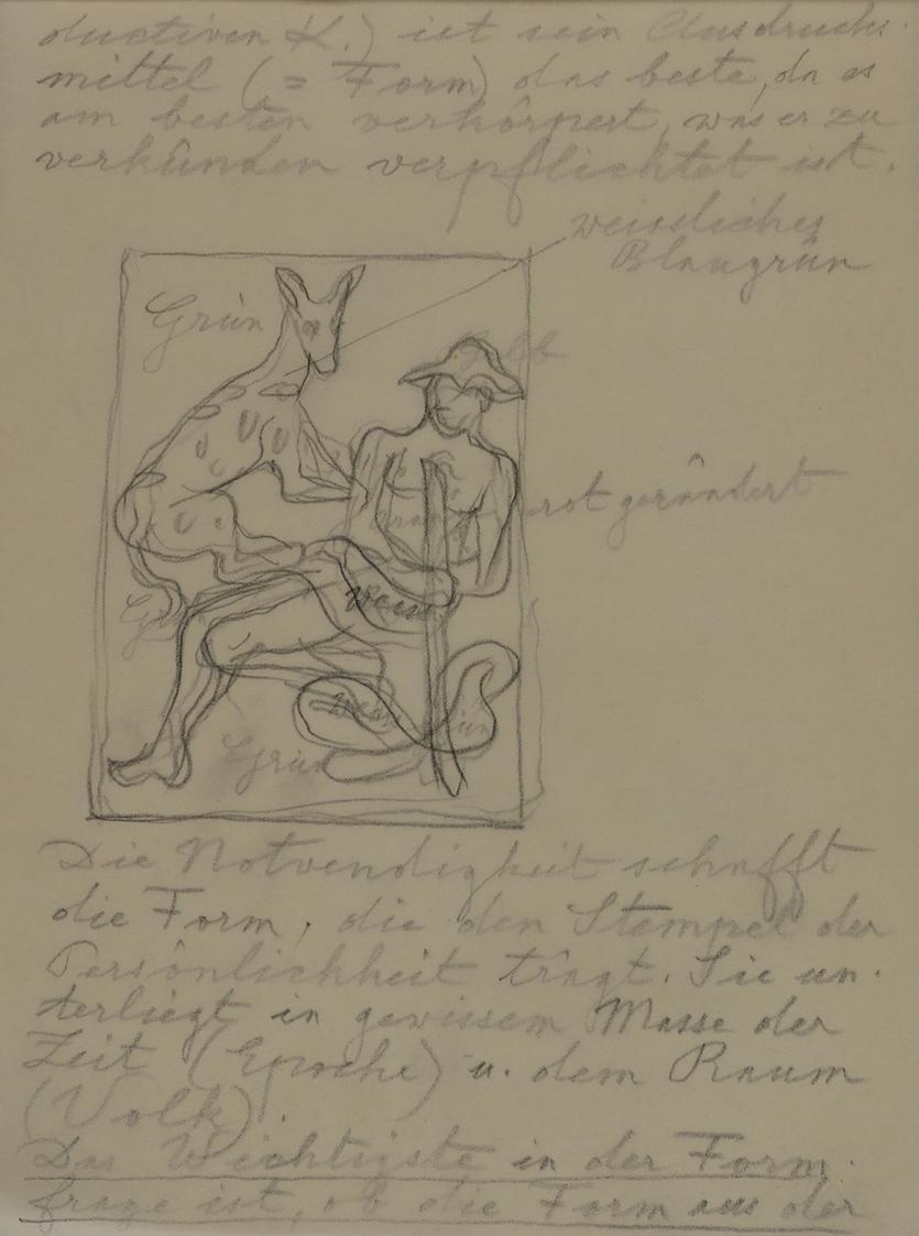 Alfred Wickenburg, Notizen aus "Der Blaue Reiter" mit einer Skizze, 1952, Kohle auf Transparent ...