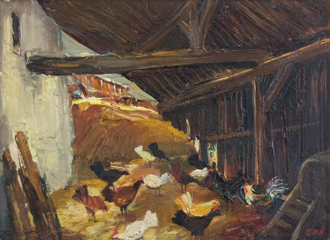 Otto Rudolf Schatz, Hühnerstall, um 1947, Öl auf Holz, 21,6 × 29 cm, Privatbesitz