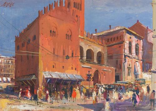 Otto Rudolf Schatz, Palazzo Re Enzo in Bologna, um 1952, Öl auf Karton, 20,5 × 26,5 cm, Privatb ...