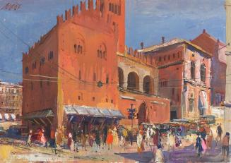 Otto Rudolf Schatz, Palazzo Re Enzo in Bologna, um 1952, Öl auf Karton, 20,5 × 26,5 cm, Privatb ...