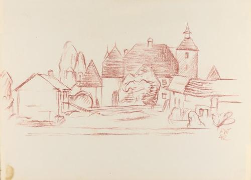 Alfred Wickenburg, Dorfansicht, 1942, Rötel auf Papier, Blattmaße: 23,5 × 32,1 cm, Leihgabe aus ...