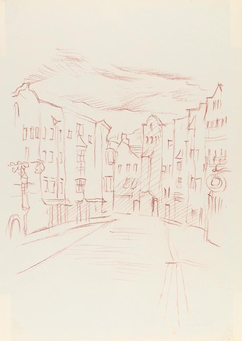 Alfred Wickenburg, Straße in Innsbruck, 1938/1942, Rötel auf Papier, Blattmaße: 32,2 × 23,1 cm, ...