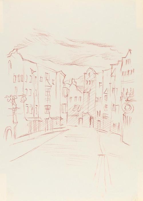 Alfred Wickenburg, Straße in Innsbruck, 1938/1942, Rötel auf Papier, Blattmaße: 32,2 × 23,1 cm, ...