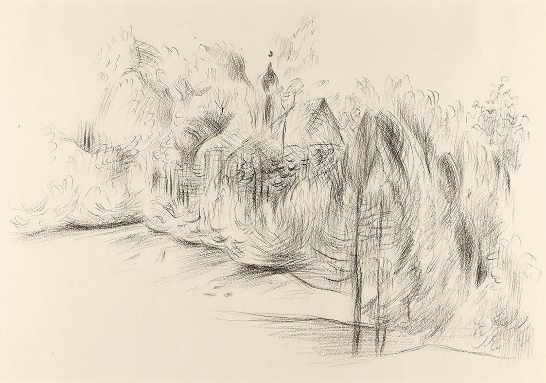 Alfred Wickenburg, Kirche hinter Bäumen, 1940/1945, Kohle auf Papier, Blattmaße: 29 × 39,7 cm,  ...
