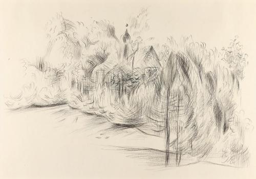 Alfred Wickenburg, Kirche hinter Bäumen, 1940/1945, Kohle auf Papier, Blattmaße: 29 × 39,7 cm,  ...