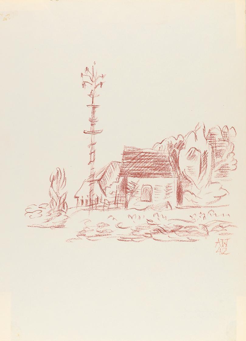 Alfred Wickenburg, Maibaum vor Häusern, 1942, Rötel auf Papier, Blattmaße: 32,2 × 23,4 cm, Leih ...