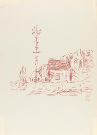 Alfred Wickenburg, Maibaum vor Häusern, 1942, Rötel auf Papier, Blattmaße: 32,2 × 23,4 cm, Leih ...