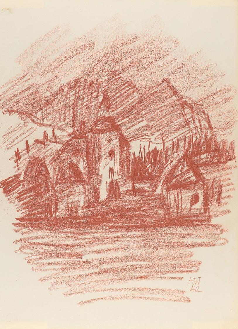Alfred Wickenburg, Dorfansicht, 1942, Rötel auf Papier, Blattmaße: 32,1 × 23,3 cm, Leihgabe aus ...