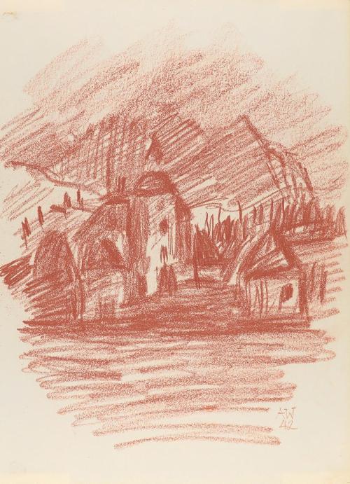 Alfred Wickenburg, Dorfansicht, 1942, Rötel auf Papier, Blattmaße: 32,1 × 23,3 cm, Leihgabe aus ...