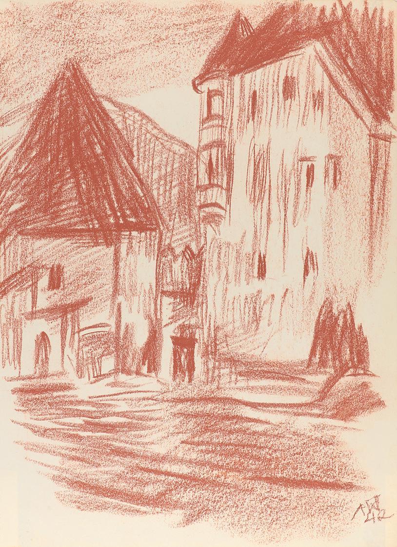 Alfred Wickenburg, Häuser, 1942, Rötel auf Papier, Blattmaße: 32 × 23,4 cm, Leihgabe aus Privat ...