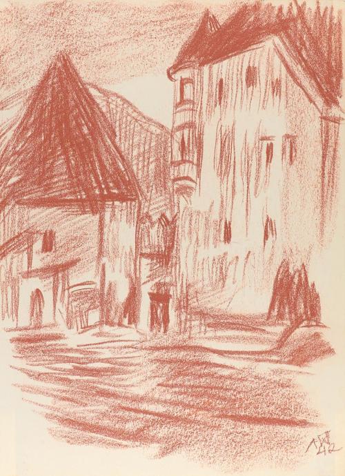 Alfred Wickenburg, Häuser, 1942, Rötel auf Papier, Blattmaße: 32 × 23,4 cm, Leihgabe aus Privat ...
