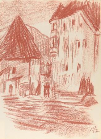 Alfred Wickenburg, Häuser, 1942, Rötel auf Papier, Blattmaße: 32 × 23,4 cm, Leihgabe aus Privat ...