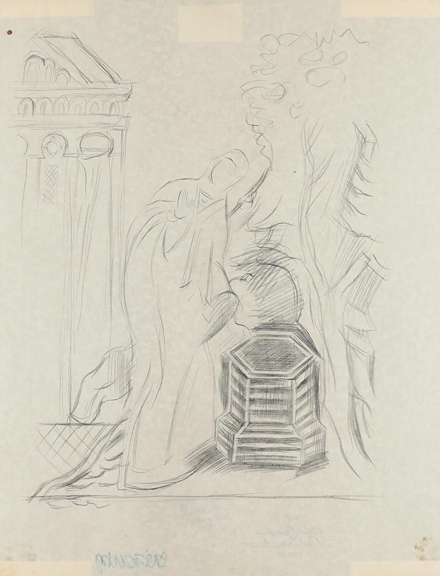 Alfred Wickenburg, Weibliche Figur an einem Becken, 1937, Bleistift auf Papier, Blattmaße: 27,4 ...