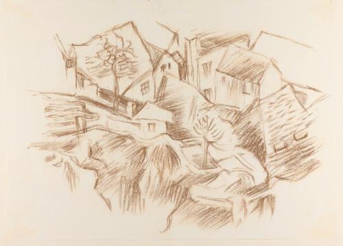 Alfred Wickenburg, Häuser in Hügellandschaft, 1930/1935, Braune Kreide auf Papier, Blattmaße: 2 ...