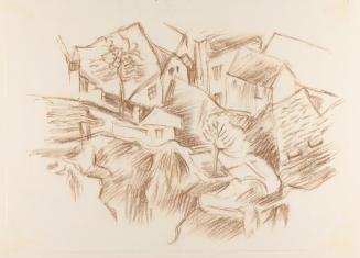 Alfred Wickenburg, Häuser in Hügellandschaft, 1930/1935, Braune Kreide auf Papier, Blattmaße: 2 ...