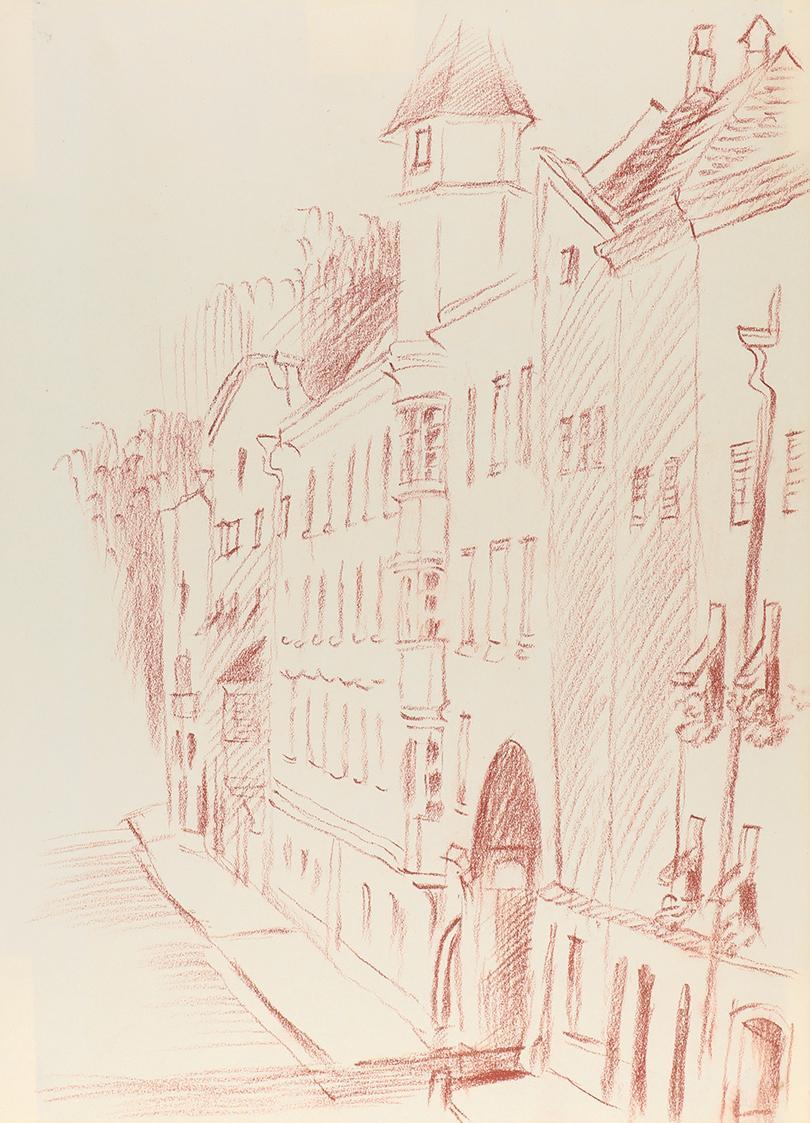 Alfred Wickenburg, Straßenzug, 1938/1942, Rötel auf Papier, Blattmaße: 32,1 × 23 cm, Leihgabe a ...
