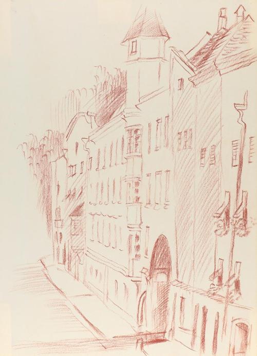Alfred Wickenburg, Straßenzug, 1938/1942, Rötel auf Papier, Blattmaße: 32,1 × 23 cm, Leihgabe a ...