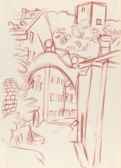 Alfred Wickenburg, Torbogen in einer Stadt, 1938/1942, Rötel auf Papier, Blattmaße: 32,1 × 23,2 ...