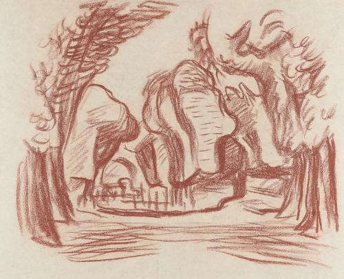 Alfred Wickenburg, Allee, 1930/1935, Braune Kreide auf Papier, Blattmaße: 24 × 29,4 cm, Leihgab ...