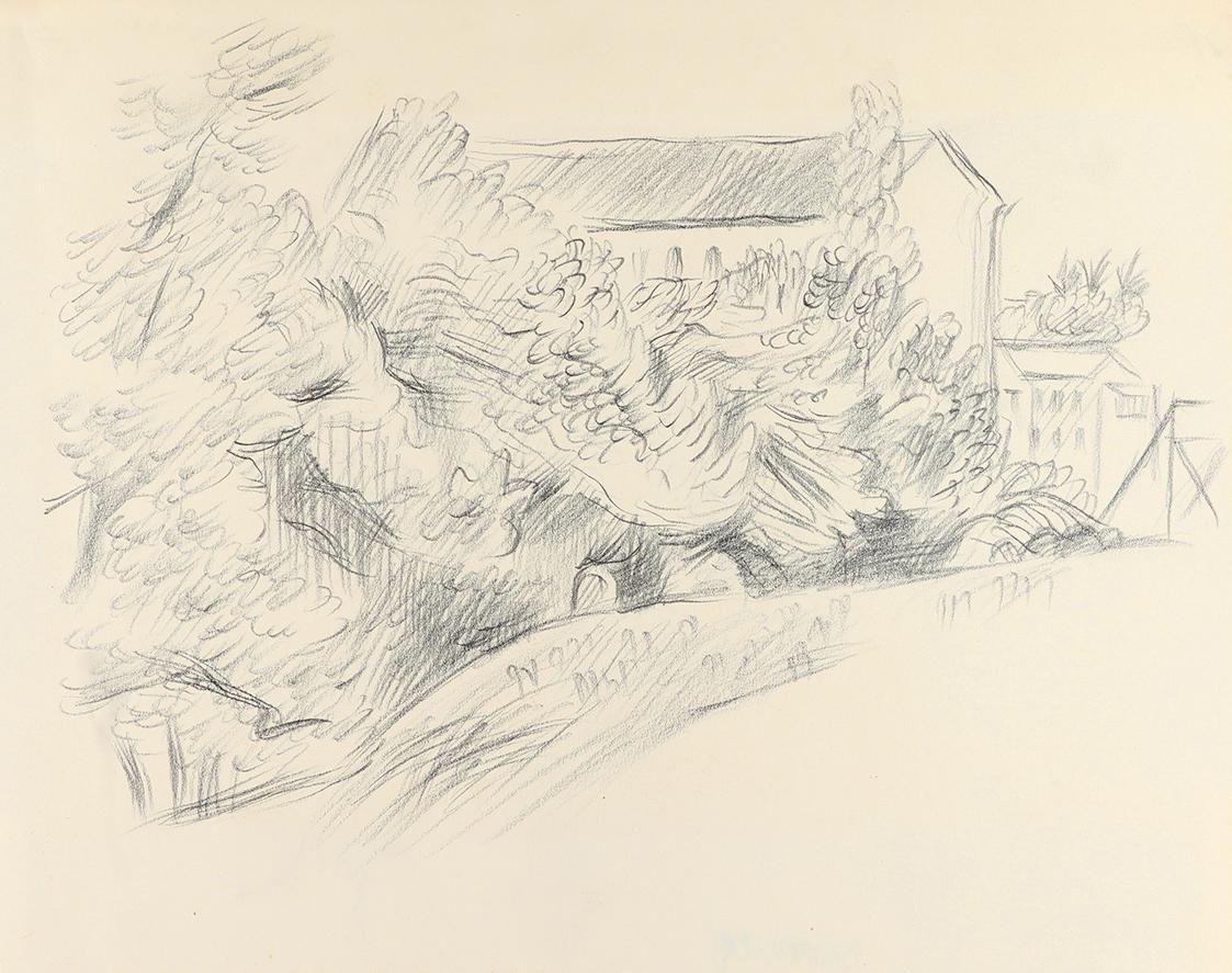 Alfred Wickenburg, Wald mit Häusern, 1940/1945, Bleistift auf Papier, Blattmaße: 24,6 × 30,7 cm ...