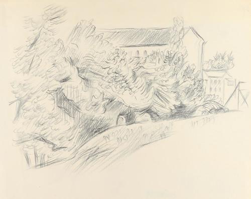 Alfred Wickenburg, Wald mit Häusern, 1940/1945, Bleistift auf Papier, Blattmaße: 24,6 × 30,7 cm ...