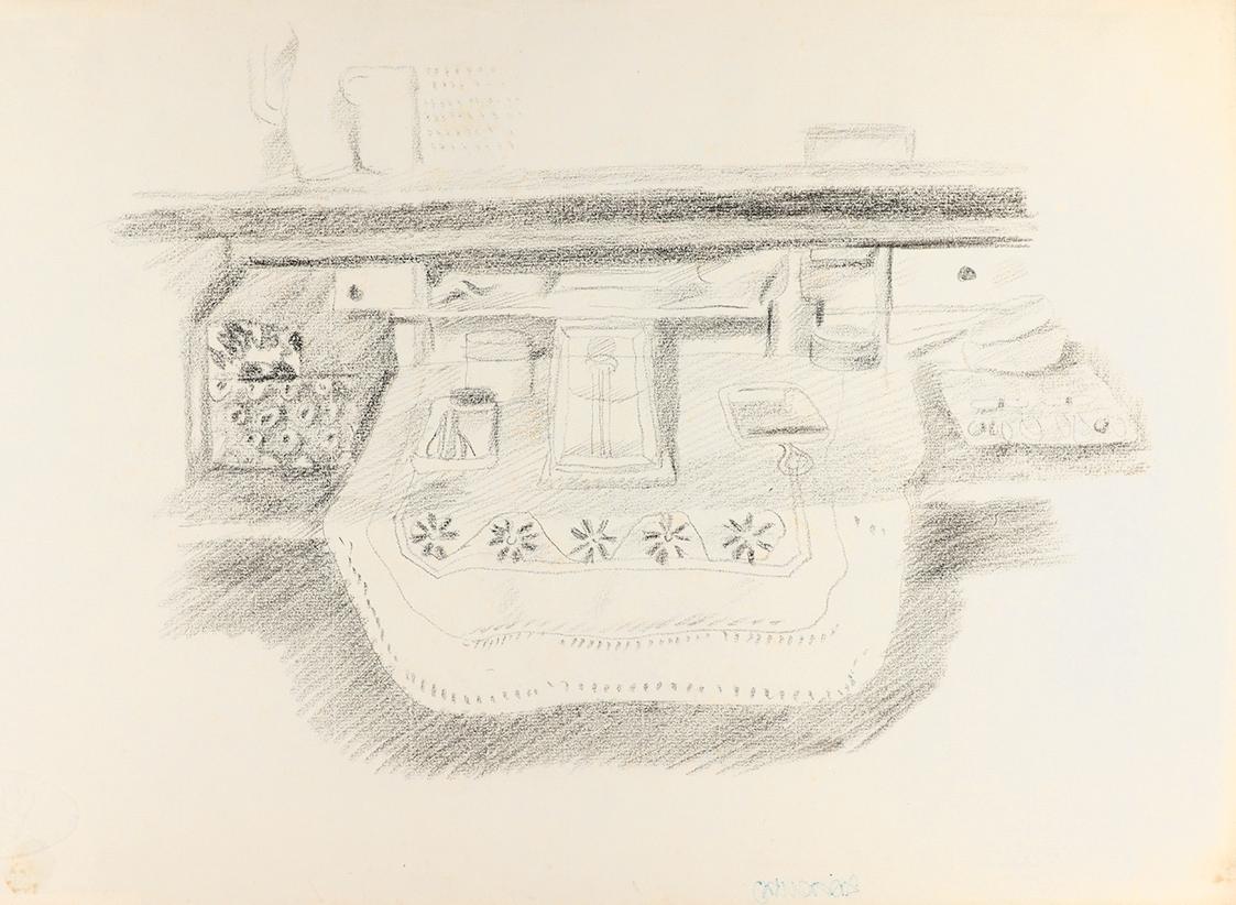 Alfred Wickenburg, Gegenstände auf einem Tisch, 1940/1945, Kohle auf Papier, Blattmaße: 32,2 ×  ...