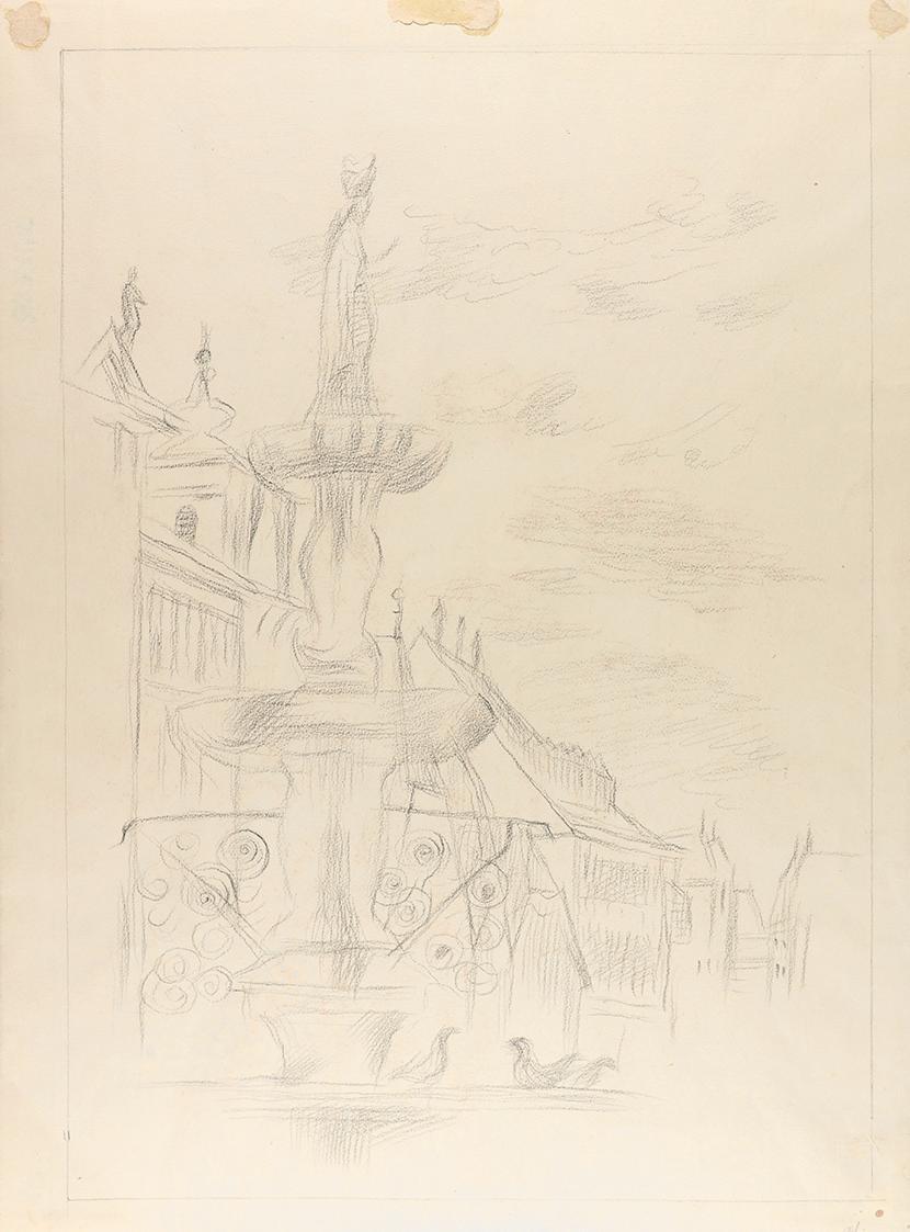 Alfred Wickenburg, Brunnen mit Tauben, 1940/1945, Bleistift auf Papier, Blattmaße: 44,5 × 32,8  ...
