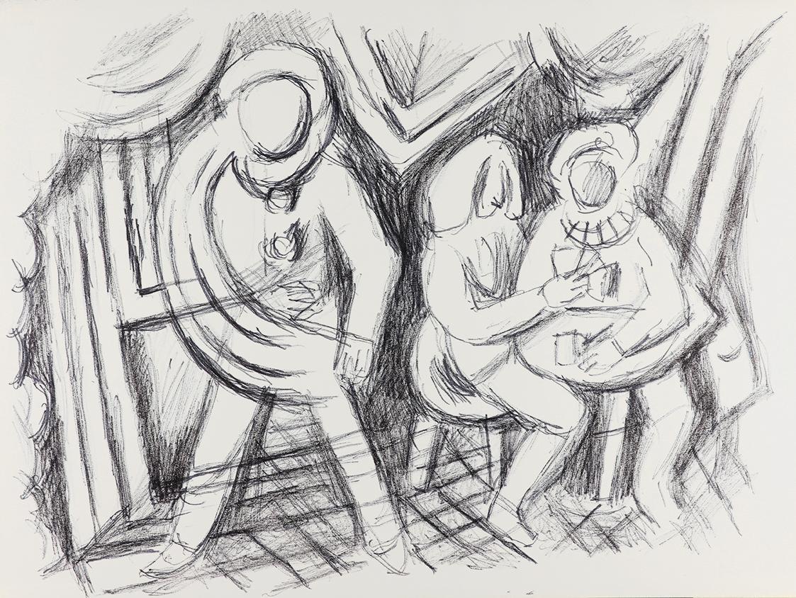 Alfred Wickenburg, Drei Personen in einem Raum, um 1970, Schwarzer Filzstift auf Papier, Blattm ...