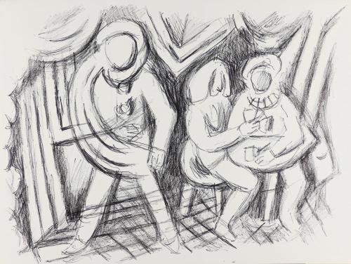 Alfred Wickenburg, Drei Personen in einem Raum, um 1970, Schwarzer Filzstift auf Papier, Blattm ...
