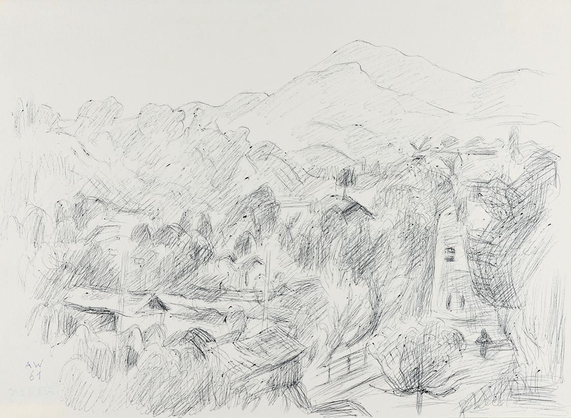 Alfred Wickenburg, Landschaft, 1961, Schwarzer Kugelschreiber auf Papier, Blattmaße: 27,2 × 37, ...