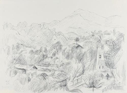 Alfred Wickenburg, Landschaft, 1961, Schwarzer Kugelschreiber auf Papier, Blattmaße: 27,2 × 37, ...