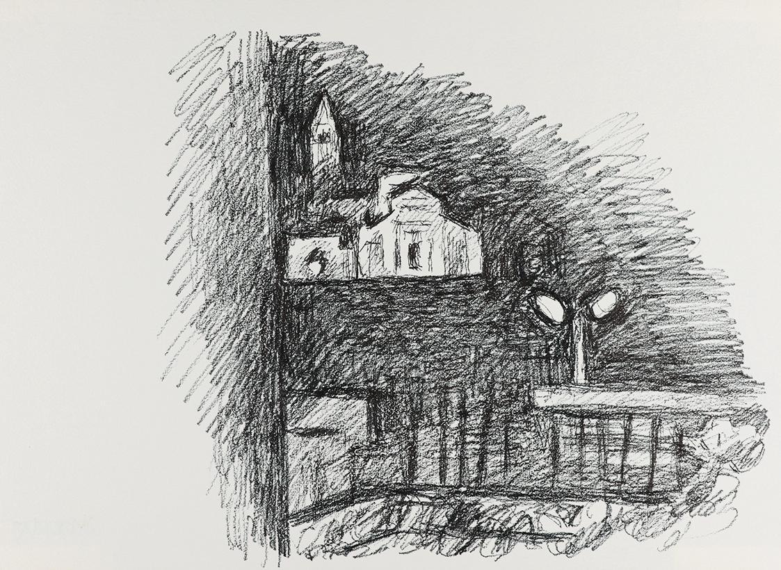 Alfred Wickenburg, Ausblick auf eine Kirche, um 1970, Tintenstift auf Papier, Blattmaße: 27,3 × ...