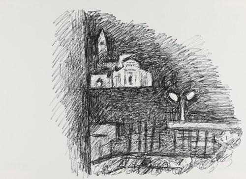 Alfred Wickenburg, Ausblick auf eine Kirche, um 1970, Tintenstift auf Papier, Blattmaße: 27,3 × ...