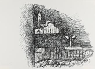 Alfred Wickenburg, Ausblick auf eine Kirche, um 1970, Tintenstift auf Papier, Blattmaße: 27,3 × ...