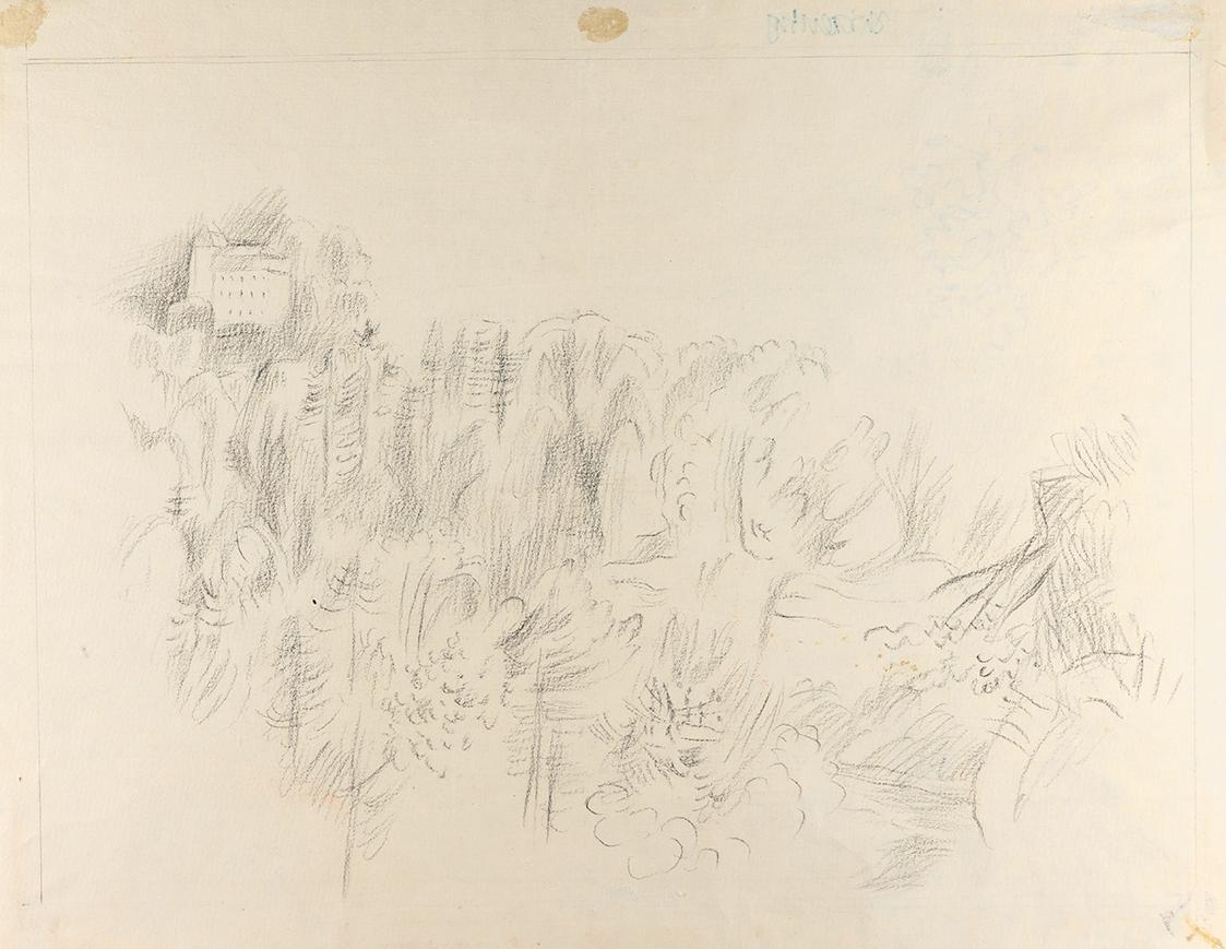 Alfred Wickenburg, Landschaft mit Burg, 1940/1945, Kohle auf Papier, Blattmaße: 33,5 × 43,8 cm, ...