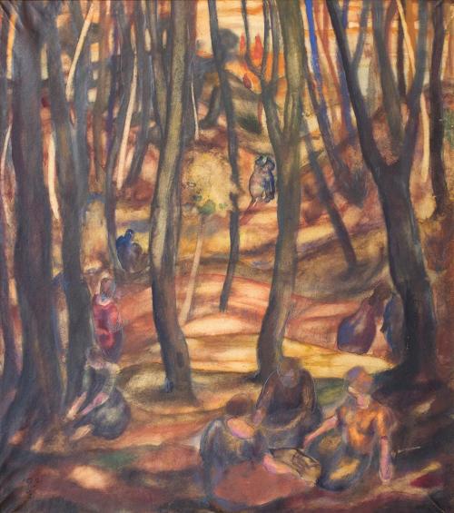 Otto Rudolf Schatz, Menschen im Wald, um 1922, Aquarell und Bleistift auf Karton, 33 × 18,5 cm, ...