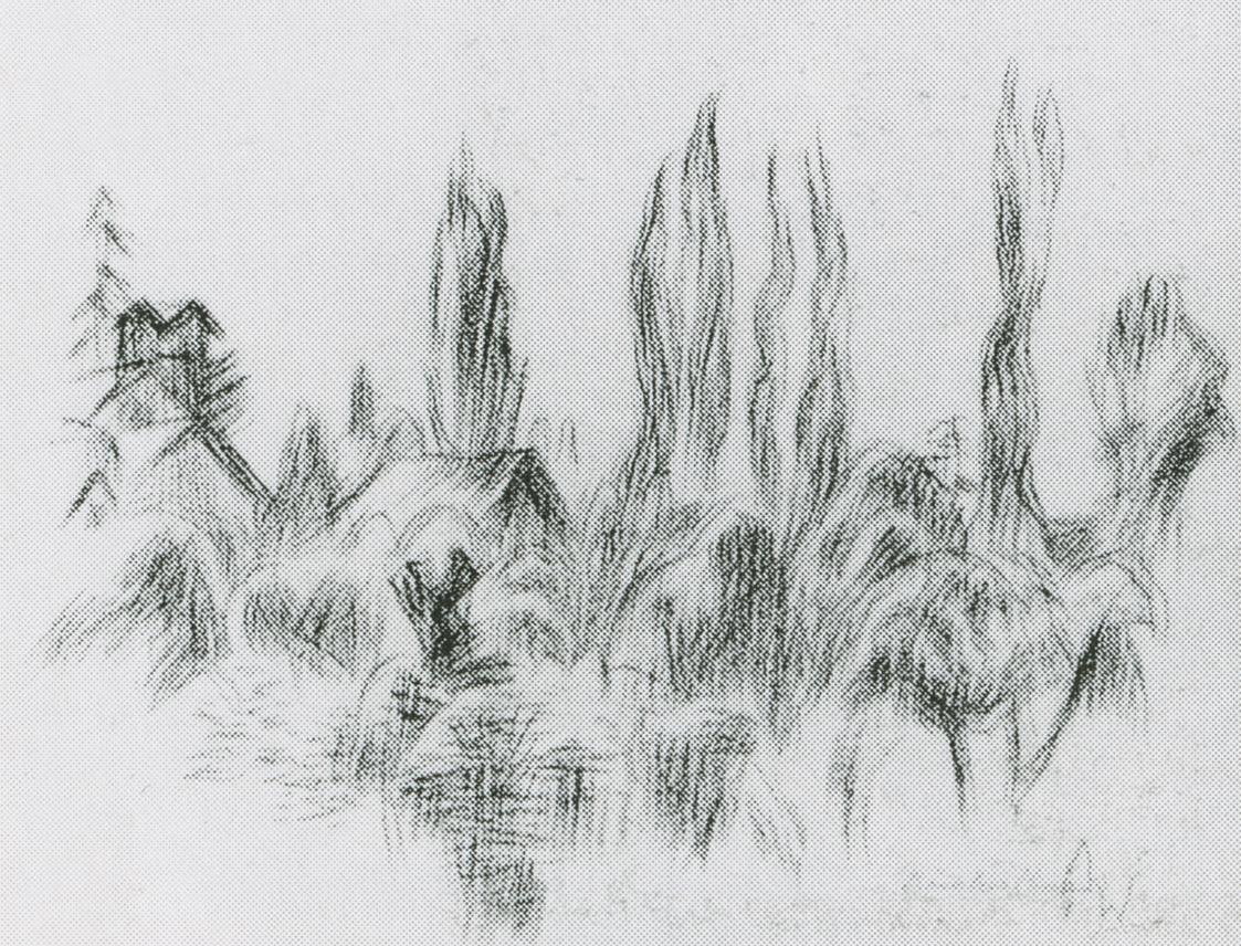 Alfred Wickenburg, Ruckerlberg, um 1930, Kohle auf Papier, 21 × 27 cm, Verbleib unbekannt