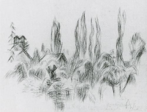 Alfred Wickenburg, Ruckerlberg, um 1930, Kohle auf Papier, 21 × 27 cm, Verbleib unbekannt